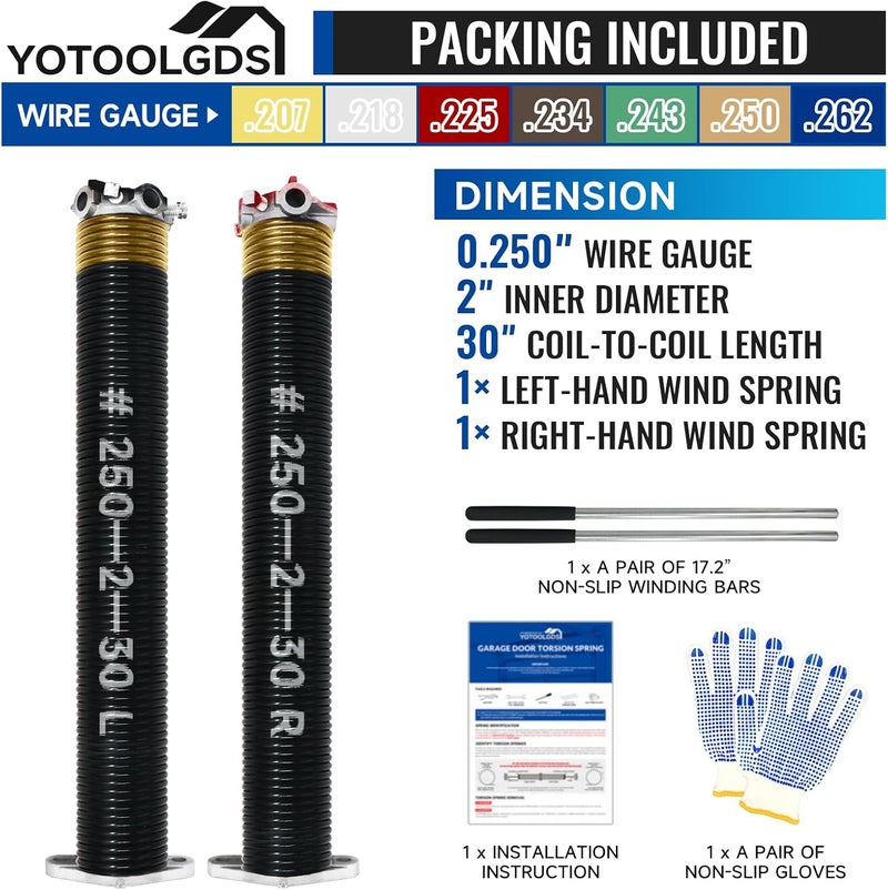 YOTOOLGDS Pair of 2" Garage Door Torsion Springs Set with Non-Slip Winding Bars & Gloves, High Precision Electrophoresis Oil-Free Black Coated for Replacement, MIN 16,000 Cycles (0.250x 2" x 30'') - Image 2